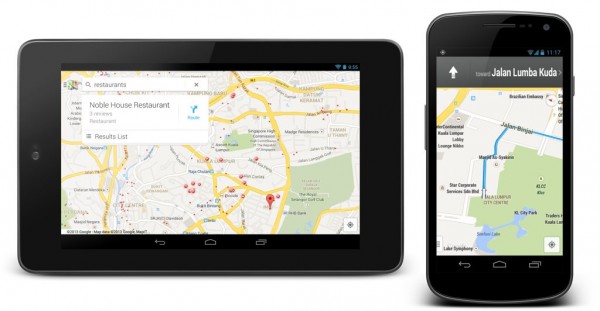Google Maps app for Android tablet (left) and smartphone showing new interface and turn-by-turn navigation in Malaysia